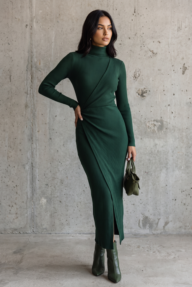Women's Dark Green High-elastic Knitted High-neck Wrap Dress Midi Dress